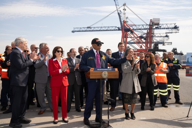 Governor Kathy Hochul, New York City Mayor Eric Adams and the Port Authority of New York and New Jersey announce an agreement in principle between the City of New York, New York State, the Port Authority, and the New York City Economic Development Corporation that will enable the city to transform the Brooklyn Port Authority Marine Terminal into a modern maritime port and vibrant mixed-use community hub on Tuesday, May 14, 2024. (Don Pollard / Office of Governor Hochul)