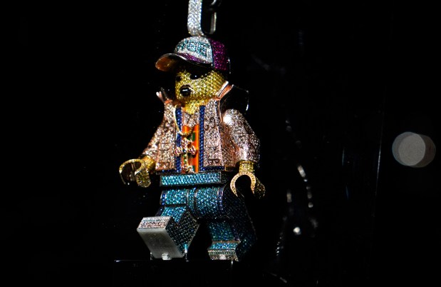 A$AP Rocky's Lego pendent is displayed during a press preview May 8, 2024 in New York for "Ice Cold: An Exhibition of Hip-Hop Jewelry" at the American Museum of Natural History. (Photo by TIMOTHY A. CLARY / AFP) (Photo by TIMOTHY A. CLARY/AFP via Getty Images) ** OUTS - ELSENT, FPG, CM - OUTS * NM, PH, VA if sourced by CT, LA or MoD **
