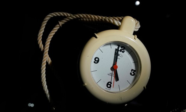 Flavor Flav clock pendent is displayed during a press preview May 8, 2024 in New York for "Ice Cold: An Exhibition of Hip-Hop Jewelry" at the American Museum of Natural History. (Photo by TIMOTHY A. CLARY / AFP) (Photo by TIMOTHY A. CLARY/AFP via Getty Images) ** OUTS - ELSENT, FPG, CM - OUTS * NM, PH, VA if sourced by CT, LA or MoD **