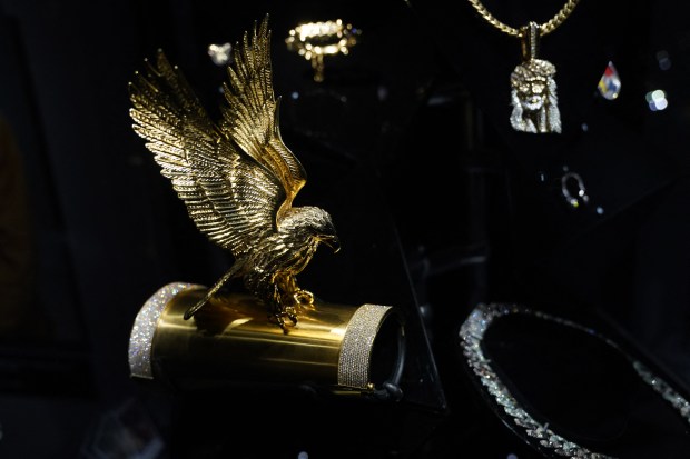 Ghostface Killah's "Eagle" bracelet is displayed during a press preview May 8, 2024 in New York for "Ice Cold: An Exhibition of Hip-Hop Jewelry" at the American Museum of Natural History. (Photo by TIMOTHY A. CLARY / AFP) (Photo by TIMOTHY A. CLARY/AFP via Getty Images) ** OUTS - ELSENT, FPG, CM - OUTS * NM, PH, VA if sourced by CT, LA or MoD **