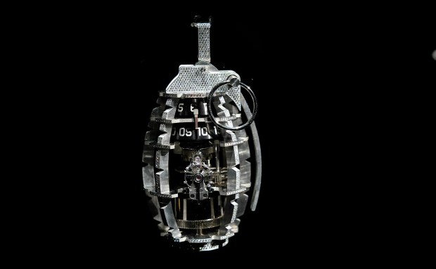 A$AP ROCKY's "Exo Grenade" pendant is displayed during a press preview May 8, 2024 in New York for "Ice Cold: An Exhibition of Hip-Hop Jewelry" at the American Museum of Natural History. (Photo by TIMOTHY A. CLARY / AFP) (Photo by TIMOTHY A. CLARY/AFP via Getty Images) ** OUTS - ELSENT, FPG, CM - OUTS * NM, PH, VA if sourced by CT, LA or MoD **