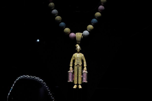 Tyler, "the Creator, Bellhop Necklace" pendant is displayed during a press preview May 8, 2024 in New York for "Ice Cold: An Exhibition of Hip-Hop Jewelry" at the American Museum of Natural History. (Photo by TIMOTHY A. CLARY / AFP) (Photo by TIMOTHY A. CLARY/AFP via Getty Images) ** OUTS - ELSENT, FPG, CM - OUTS * NM, PH, VA if sourced by CT, LA or MoD **