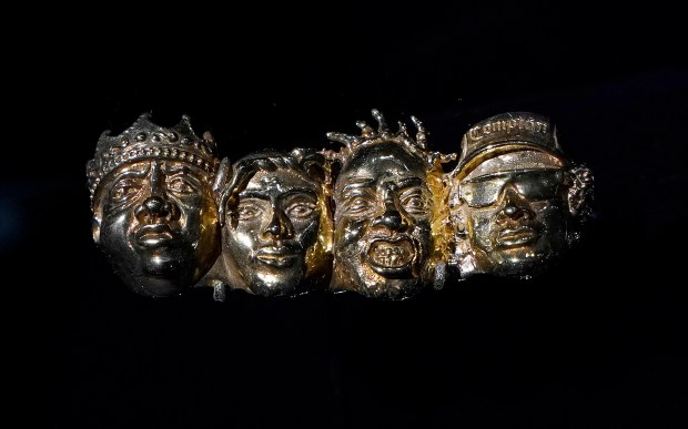 "Fingers of Def" four-finger ring is displayed during a press preview May 8, 2024 in New York for "Ice Cold: An Exhibition of Hip-Hop Jewelry" at the American Museum of Natural History. (Photo by TIMOTHY A. CLARY / AFP) (Photo by TIMOTHY A. CLARY/AFP via Getty Images) ** OUTS - ELSENT, FPG, CM - OUTS * NM, PH, VA if sourced by CT, LA or MoD **