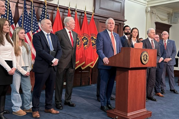 Nassau County Executive Bruce Blakeman, at podium, speaks during a news conference in Mineola, N.Y., Wednesday, March 6, 2024. (Philip Marcelo/AP)