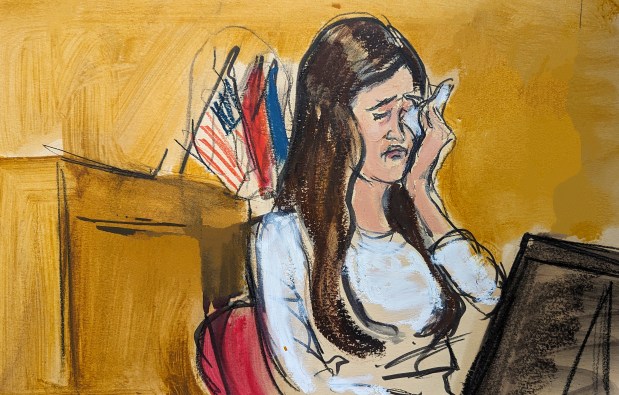 Former White House assistant to then-President Donald Trump, Madeleine Westerhout weeps on the stand describing how she lost her White House job in Manhattan criminal court, Thursday, May 9, 2024, in New York. (Elizabeth Williams via AP)