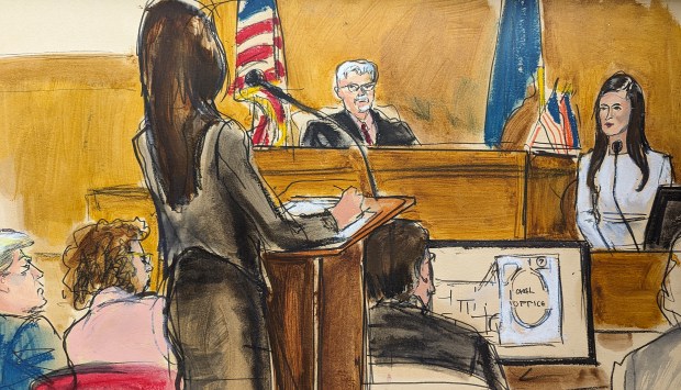 Assistant District Attorney Rebecca Mangold questions former Trump White House assistant Madeleine Westerhout on the witness stand about her job working for then President Donald Trump in Manhattan criminal court, Thursday, May 9, 2024, in New York. (Elizabeth Williams via AP)