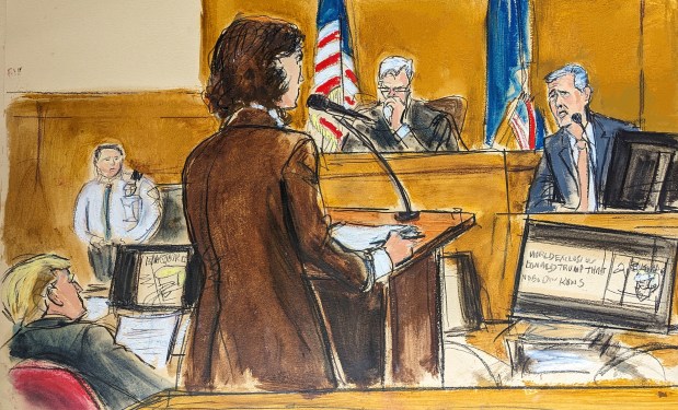 Assistant district attorney Susan Hoffinger, center, questions witness Michael Cohen, far right, as Donald Trump, far left, looks on in Manhattan criminal court, Monday, May 13, 2024, in New York. (Elizabeth Williams via AP)