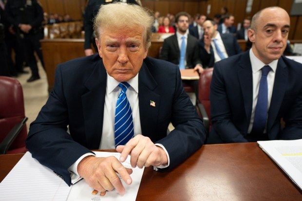 Republican presidential candidate, former President Donald Trump attends his trial at Manhattan Criminal Court in New York on Monday, May 13, 2024. (Steven Hirsch/New York Post via AP, Pool)