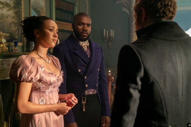 Bridgerton. (L to R) Emma Naomi as Alice Mondrich, Martins Imhangbe as Will Mondrich in episode 301 of Bridgerton. Cr. Liam Daniel/Netflix © 2024