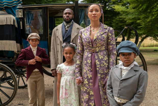 Bridgerton. (L to R) James Bryan as Nicky Mondrich, Martins Imhangbe as Will Mondrich, Ariella Warburton as Daisy Mondrich, Emma Naomi as Alice Mondrich, Elias Amos as John Mondrich in episode 301 of Bridgerton. Cr. Liam Daniel/Netflix © 2024