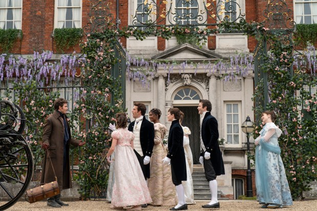 Bridgerton. (L to R) Luke Newton as Colin Bridgerton, Jonathan Bailey as Anthony Bridgerton, Simone Ashley as Kate Sharma, Will Tilston as Gregory Bridgerton, Luke Thompson as Benedict Bridgerton, Claudia Jessie as Eloise Bridgerton in episode 301 of Bridgerton. Cr. Liam Daniel/Netflix © 2024