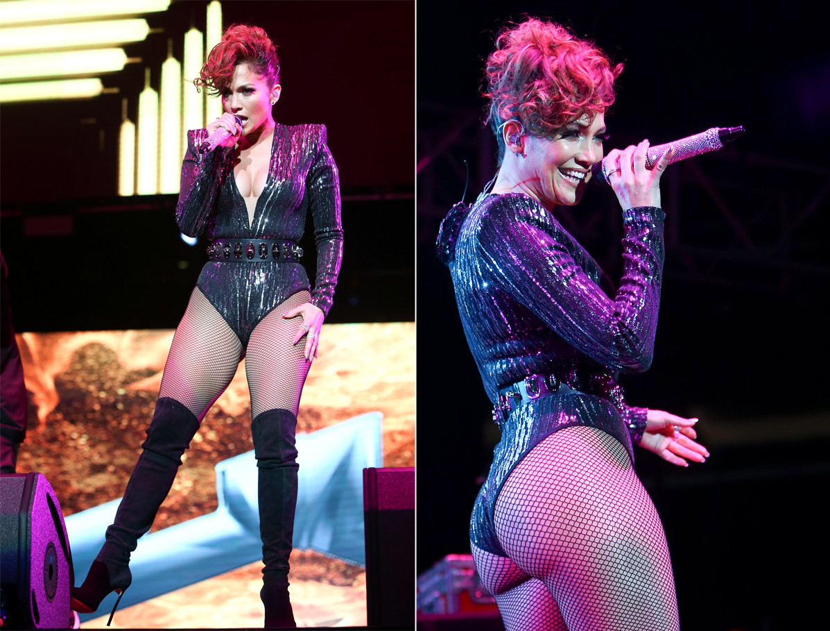 Jennifer Lopez put her famous curves on display in a plunging bodysuit as she commanded the stage during the Mega 97.9 Megaton Concert at Madison Square Garden on Oct. 28, 2015 in New York City. The 46-year-old stunner wore a sparkly ensemble with fishnet tights and knee-high boots as she performed for the screaming crowd. Jennifer Lopez put her famous curves on display in a plunging bodysuit as she commanded the stage during the Mega 97.9 Megaton Concert at Madison Square Garden on Oct. 28, 2015 in New York City. The 46-year-old stunner wore a sparkly ensemble with fishnet tights and knee-high boots as she performed for the screaming crowd.