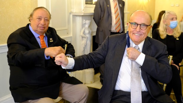 Manhattan - September 16, 2020 - Former-New York City Mayor Rudy Giuliani and John Catsimatidis are pictured at the Women's Republican Club in Midtown Manhattan Wednesday morning. Giuliani, Catsimatidis, and fellow Republican officials addressed the City's unprecedented shootings and homicides spike, urban flight which has left tens-of-thousands of apartments sitting empty, and the homeless epidemic in NYC. (Luiz C. Ribeiro for New York Daily News)