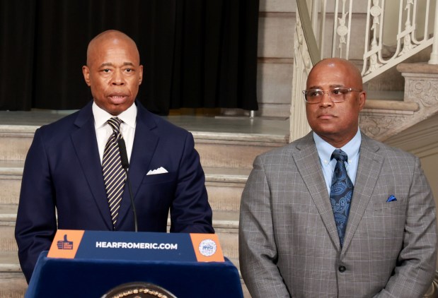 MANHATTAN - NY - 04/03/2023 - New York City Mayor Eric Adams speaks from the podium during press conference at City Hall flanked by NYPD Commissioner Keechant Sewell and Phillip Banks, Deputy Mayor of New York City for Public Safety regarding the City security preparations for possible disruption by Trump supporters during his arraignment tomorrow at Manhattan Criminal Court and where his hush-money case will be tried. (Luiz C. Ribeiro for NY Daily News)