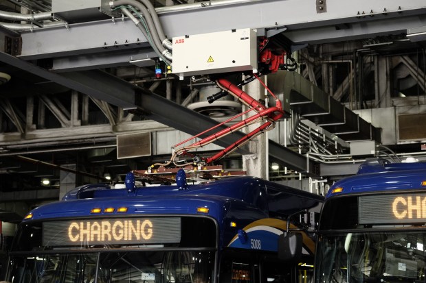 Seventeen new pantograph chargers have been installed at Grand Ave. in anticipation of an electric fleet. (Evan Simko-Bednarski)
