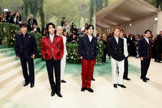 (L-R) Bang Chan, Han, Felix, Hyunjin, Seungmin, I.N, Lee Know and Changbin of Stray Kids attend The 2024 Met Gala Celebrating "Sleeping Beauties: Reawakening Fashion" at The Metropolitan Museum of Art on May 06, 2024 in New York City. 