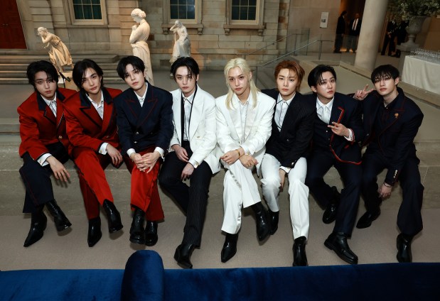 NEW YORK, NEW YORK - MAY 06: (L-R) Han, Hyunjin, Seungmin, Lee Know, Felix, I.N, Changbin and Bang Chan of Stray Kids attend The 2024 Met Gala Celebrating "Sleeping Beauties: Reawakening Fashion" at The Metropolitan Museum of Art on May 06, 2024 in New York City. (Photo by Arturo Holmes/MG24/Getty Images for The Met Museum/Vogue)