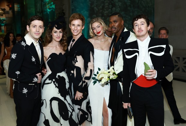 NEW YORK, NEW YORK - MAY 06: (L-R) Alex Edelman, Hannah Bagshawe, Eddie Redmayne, Gigi Hadid, Colman Domingo, Alex Sharp and Luca Guadagnino attend The 2024 Met Gala Celebrating "Sleeping Beauties: Reawakening Fashion" at The Metropolitan Museum of Art on May 06, 2024 in New York City. (Photo by Arturo Holmes/MG24/Getty Images for The Met Museum/Vogue)