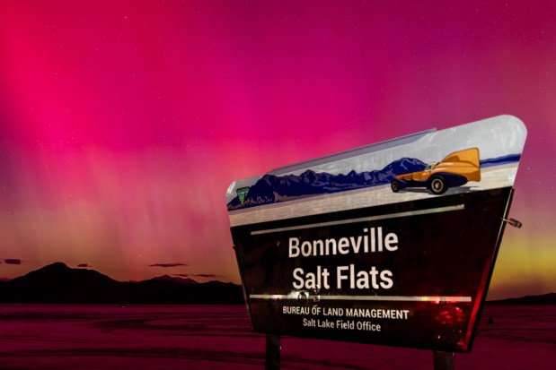 WENDOVER, UTAH - MAY 10: A geomagnetic storm lights up the night sky above the Bonneville Salt Flats on May 10, 2024 in Wendover, Utah. Places as far south as Alabama and parts of Northern California were expected to see the aurora borealis, also known as the northern lights from a powerful geomagnetic storm that reached Earth. (Photo by Blake Benard/Getty Images)