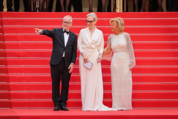 CANNES, FRANCE - MAY 14: Cannes Film Festival director Thierry Frémaux, Meryl Streep and President of the Festival Iris Knobloch attend "Le Deuxième Acte" ("The Second Act") Screening & opening ceremony red carpet at the 77th annual Cannes Film Festival at Palais des Festivals on May 14, 2024 in Cannes, France. (Photo by Victor Boyko/Getty Images)