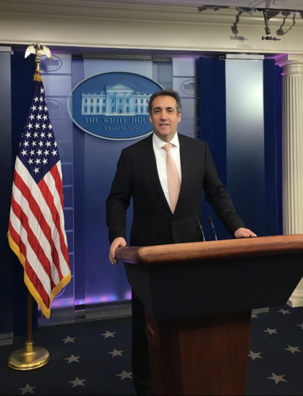 Michael Cohen poses for a photo in the White House press briefing room on Feb. 8, 2017. (Court Evidence)