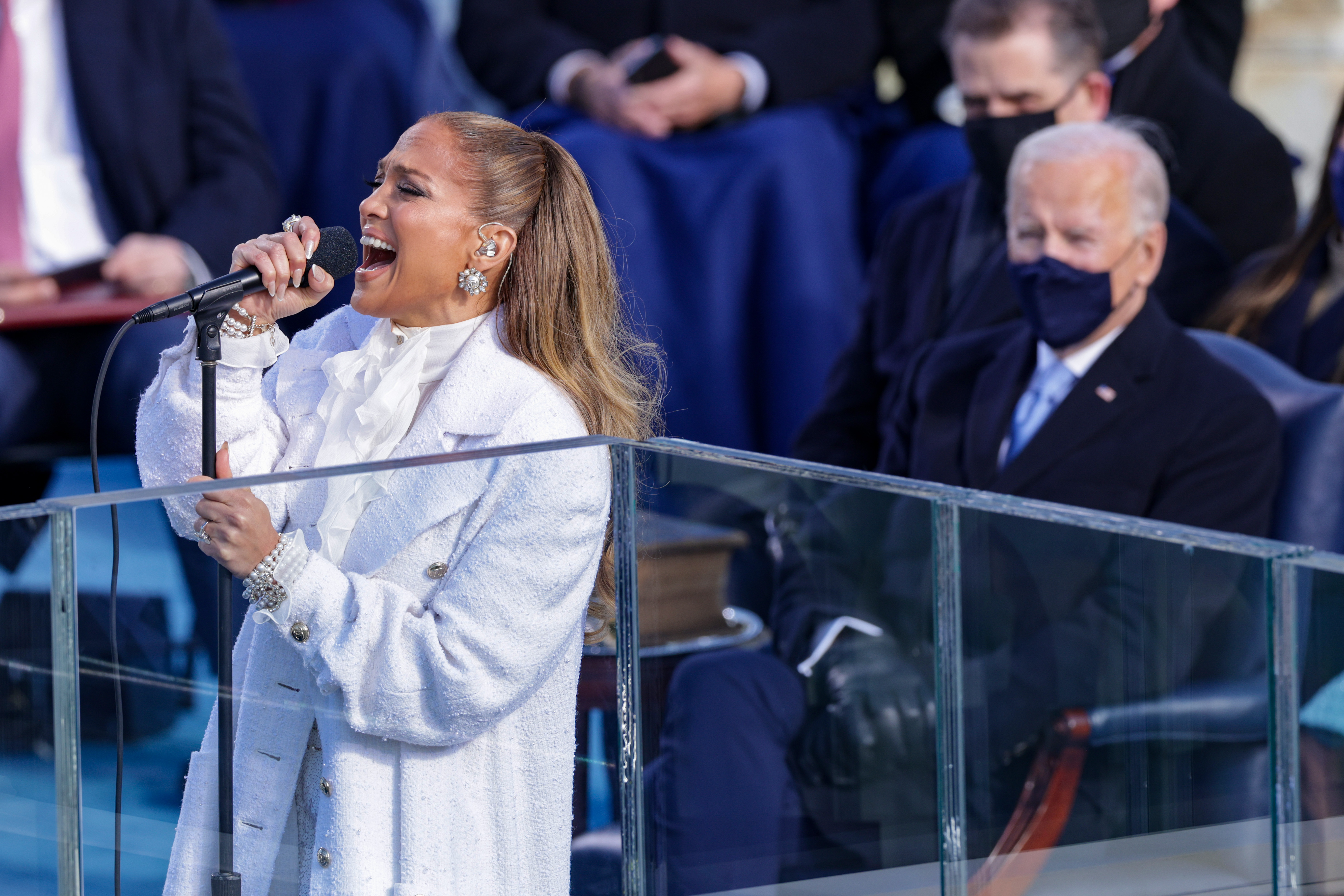 Jennifer Lopez sings during the inauguration of U.S. President-elect Joe Biden on the West Front of the U.S. Capitol on Jan. 20, 2021, in Washington, DC. Jennifer Lopez sings during the inauguration of U.S. President-elect Joe Biden on the West Front of the U.S. Capitol on Jan. 20, 2021, in Washington, DC.