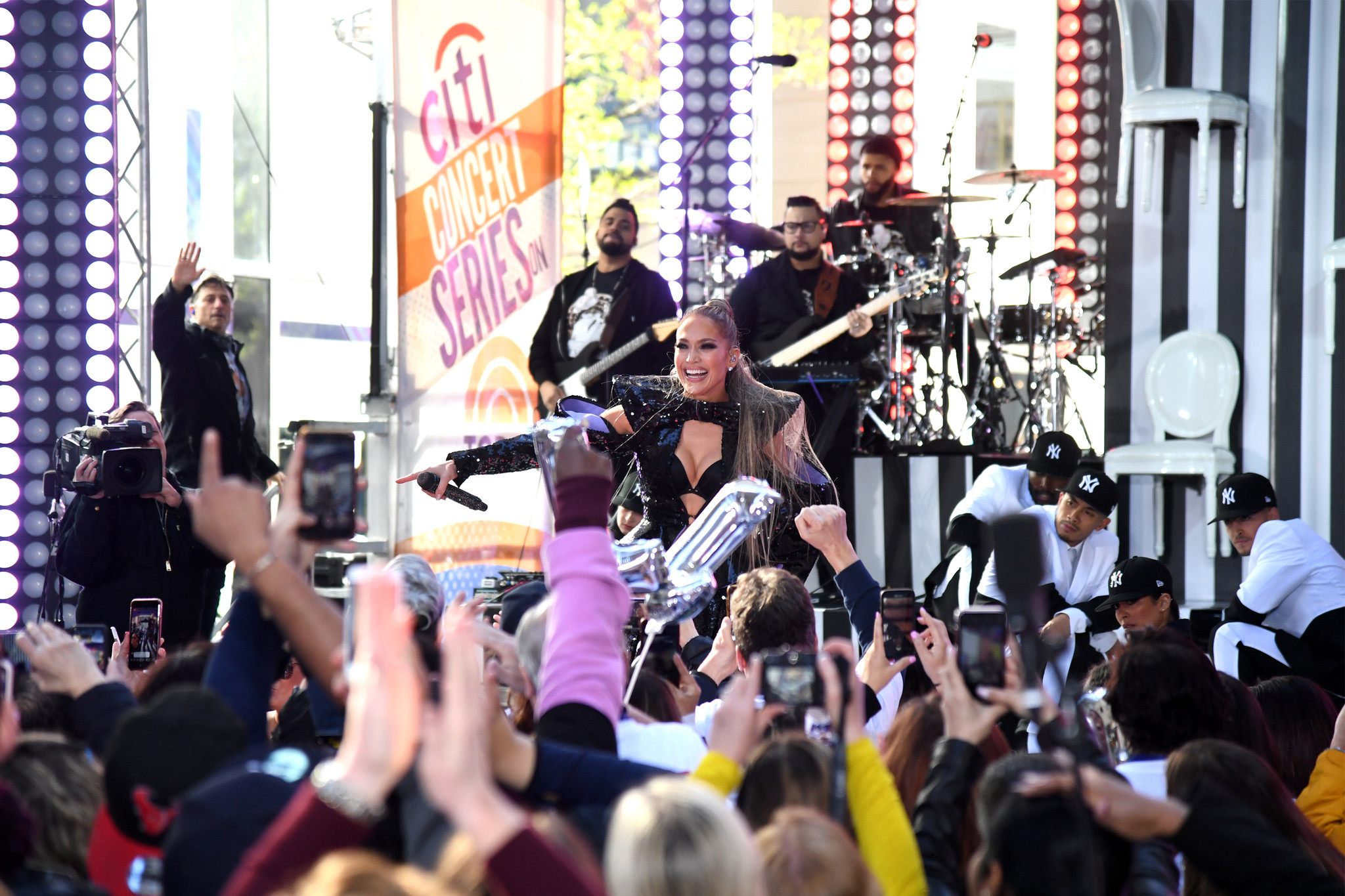 One of her many outfits during the Today show concert was this revealing black sequined number that highlighted her cleavage. One of her many outfits during the Today show concert was this revealing black sequined number that highlighted her cleavage.