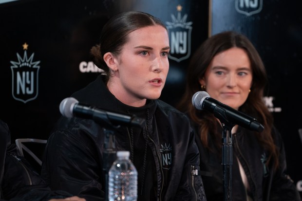 New Gotham FC player Tierna Davidson player speaks to the media during an event at the Rainbow Room introducing new players Thursday, Jan. 19, 2024 in Manhattan, NewYork. (Barry Williams for New York Daily News)