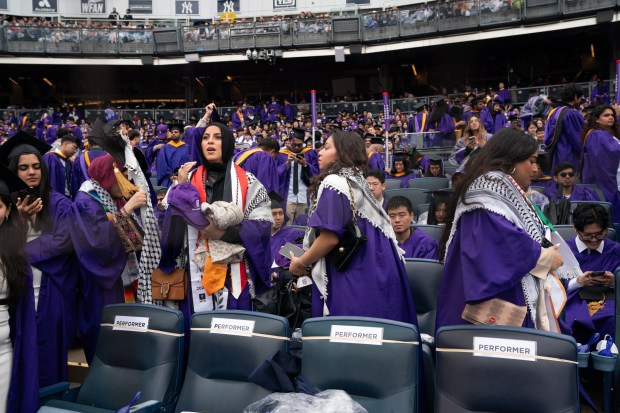 Pro-Palestinian students walk out as NYP President Linda Mills start speaking at NYU's All-University Commencement at Yankee Stadium Wednesday, May 15, 2024 in the Bronx, New York. (Barry Williams for New York Daily News)