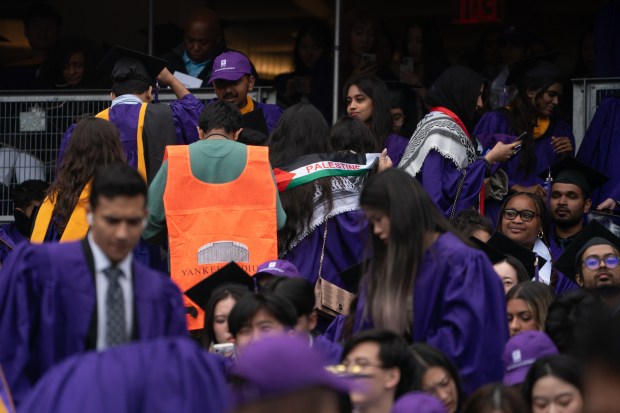 Pro-Palestinian students walk out as NYP President Linda Mills start speaking at NYU's All-University Commencement at Yankee Stadium Wednesday, May 15, 2024 in the Bronx, New York. (Barry Williams for New York Daily News)