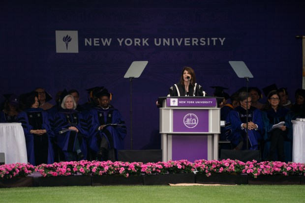 NYU president Linda Mills speaks at NYU's All-University Commencement at Yankee Stadium Wednesday, May 15, 2024 in the Bronx, New York. (Barry Williams for New York Daily News)