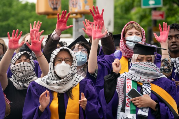 Pro-Palestinian protest after walking out while NYU president Linda Mills spoke at NYU's All-University Commencement at Yankee Stadium Wednesday, May 15, 2024 in the Bronx, New York. (Barry Williams for New York Daily News)