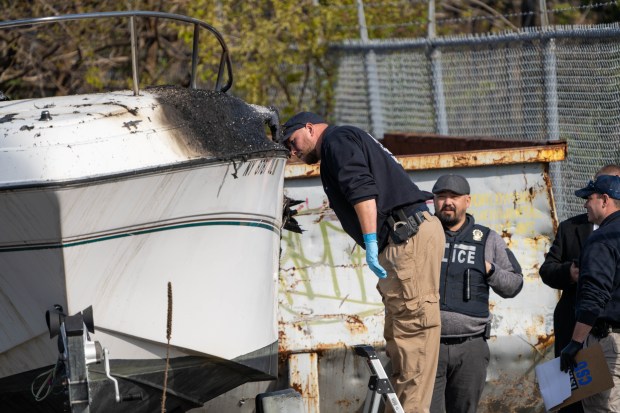 An unidentified adult male onboard a white boat that caught on fire whilst parked in a lot at 253 Conover Street was pronounced dead on scene after Firefighters extinguished the blaze in Brooklyn on Saturday April 27, 2024. 0743.