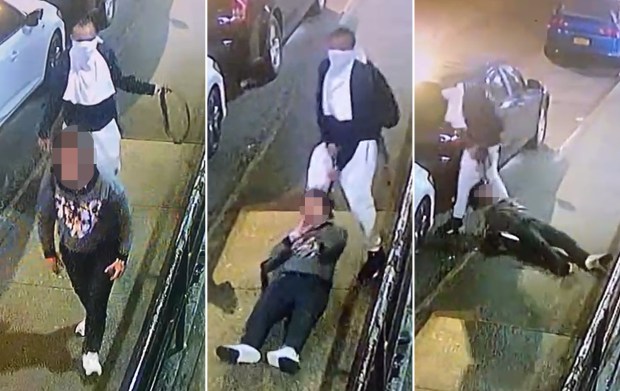 A man was caught on video putting a belt around a woman's neck and dragging her between two cars where he sexually assaulted her in the Bronx on May 1, 2024. The man, who appears to have a white towel wrapped around his face, crept up behind the 45-year-old victim as she walked on a sidewalk near the corner of E. 152nd St. and Third Ave. around 3 a.m.