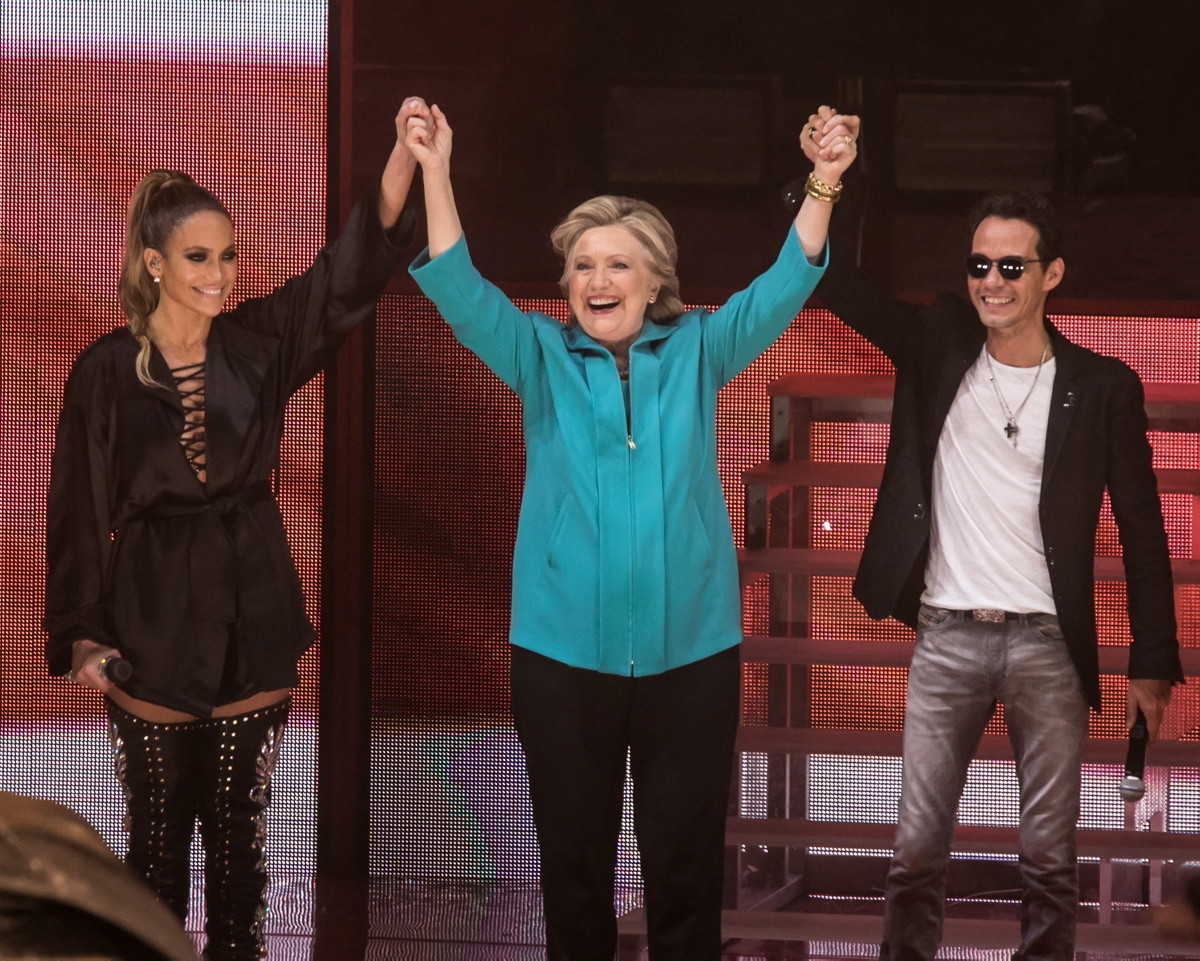 Jennifer Lopez was also joined on stage by her ex-husband Marc Anthony as well as Hillary Clinton herself during the Miami concert on Oct. 29, 2016. Jennifer Lopez was also joined on stage by her ex-husband Marc Anthony as well as Hillary Clinton herself during the Miami concert on Oct. 29, 2016.